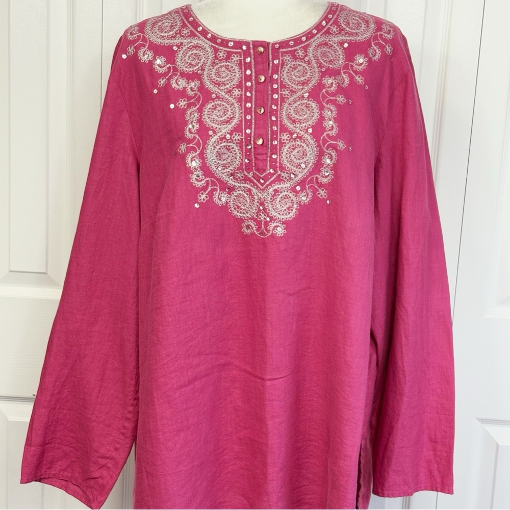 Kate Hill Pink Metallic Sequin Embroidered Linen Long Sleeve Blouse 2X